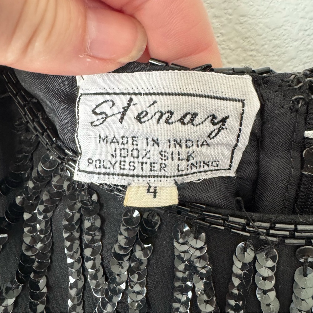 Vintage Stenay Black Sequin Dress Size 4 Shoulder Pads 100% Silk Beaded 1980s - Picture 2 of 14